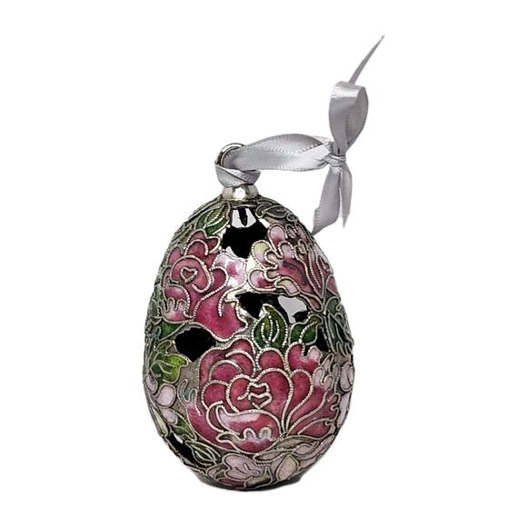 Cloisonne Enameled Egg Christmas Ornament Hanging Cut Out Floral Design Stunning - Picture 3 of 9